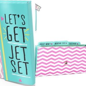 NWT BEAUTY JUNKY (ASOS) Let’s Get Jet Set Passport Holder Pink/Teal One Size